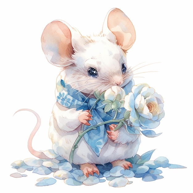 Hay un ratón blanco con un lazo azul y flores generativas ai.