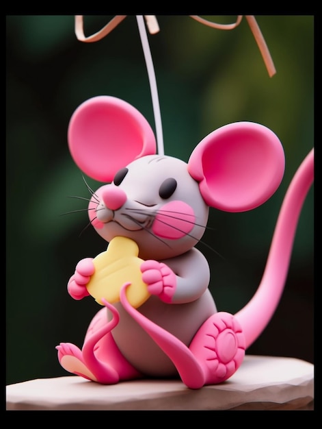Hay un ratón rosa y blanco sosteniendo una IA generativa de galletas.