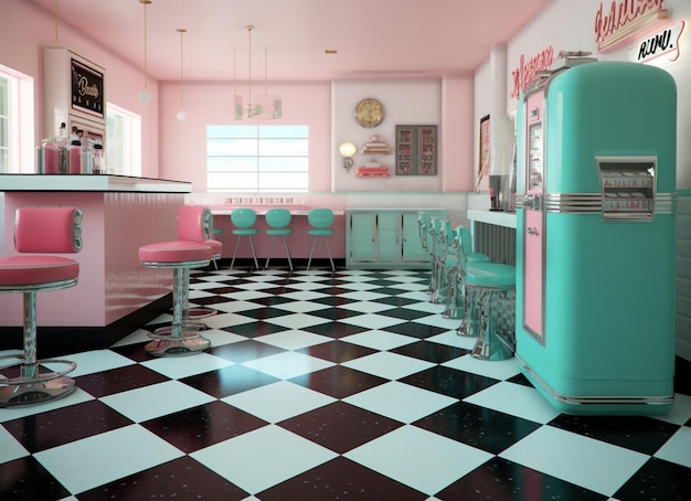 Foto hay un refrigerador rosa y azul y algunas sillas en una habitación con ai generativo