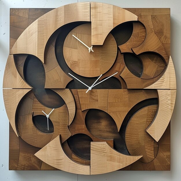 Hay un reloj hecho de madera con un diseño circular generativo ai
