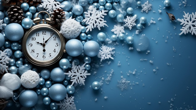 hay un reloj rodeado de adornos navideños y copos de nieve ai generativo