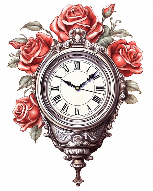 Hay un reloj con rosas y un ai generativo de fondo blanco.