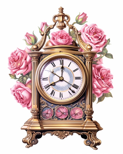 Hay un reloj con rosas rosadas sobre un fondo blanco generativo ai