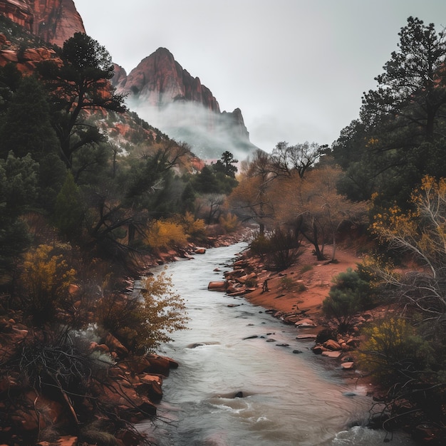 hay un río que atraviesa un valle con montañas en el fondo generativo ai