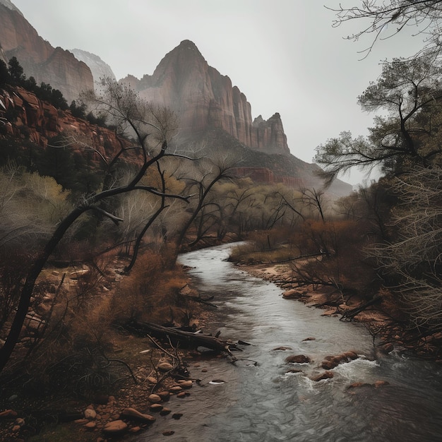 hay un río que atraviesa un valle con montañas en el fondo generativo ai