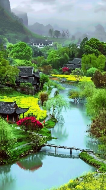 hay un río que corre a través de un valle verde exuberante con un puente generativo ai