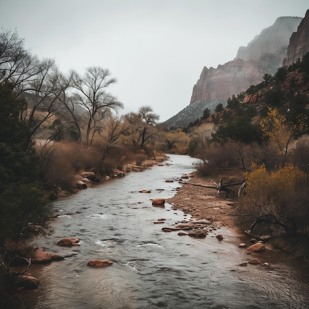 Hay un río que corre a través de una zona rocosa con árboles generativos ai