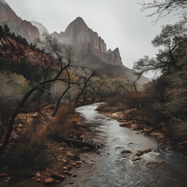 Hay un río que corre a través de una zona rocosa con árboles generativos ai