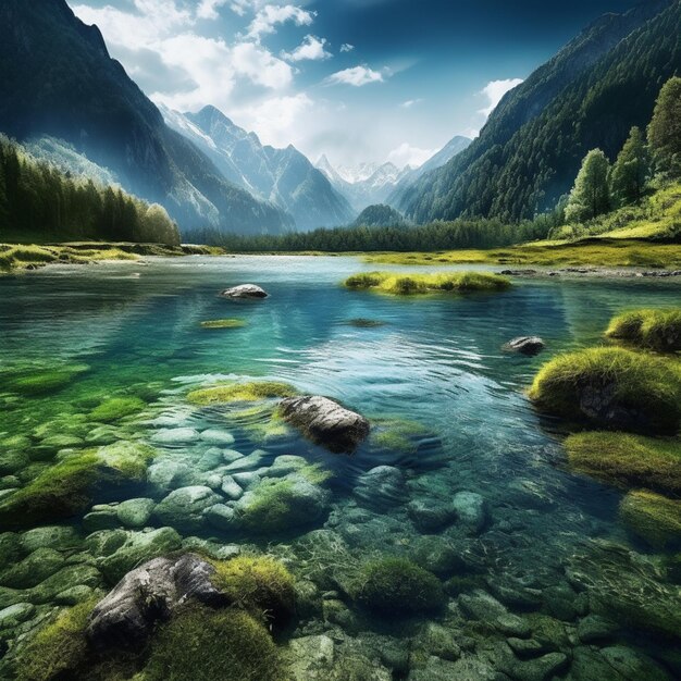 Hay un río con rocas y pasto en el medio generativo ai