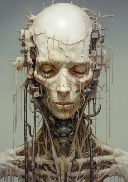 Hay un robot con una cabeza de alambres y alambres generativos ai.