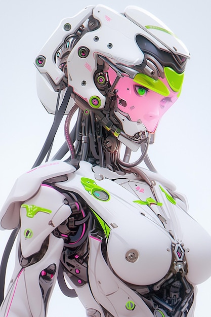hay un robot con una cara rosada y ojos verdes generativa ai