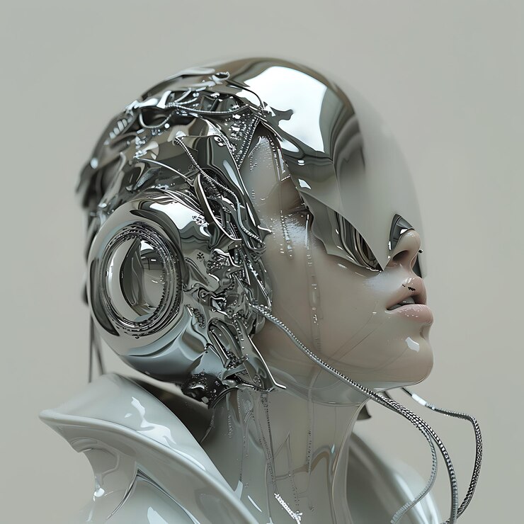 hay un robot plateado con auriculares y una máscara plateada
