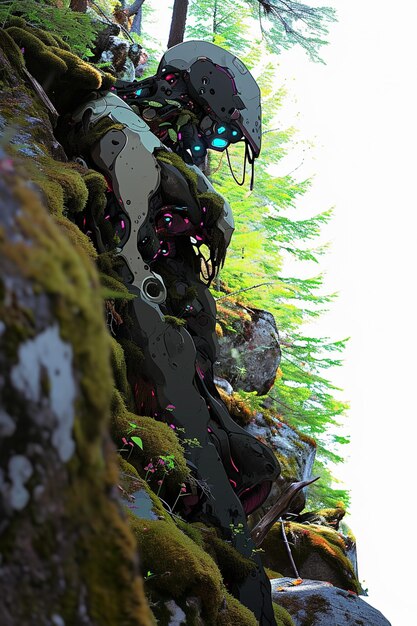 Hay un robot que está de pie en una roca en el bosque generativo ai