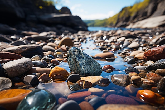 Hay una roca asentada sobre las rocas junto al agua generativa ai