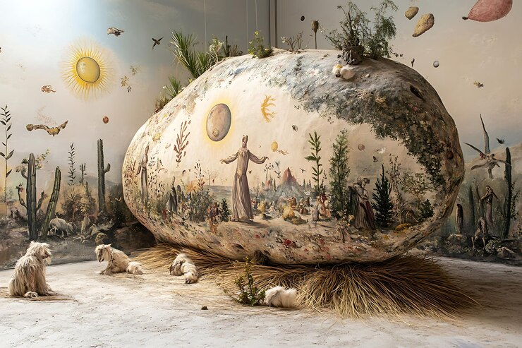 hay una roca grande con una pintura en ella en una habitación