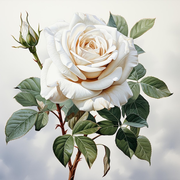 hay una rosa blanca con hojas verdes en un tallo generativo ai