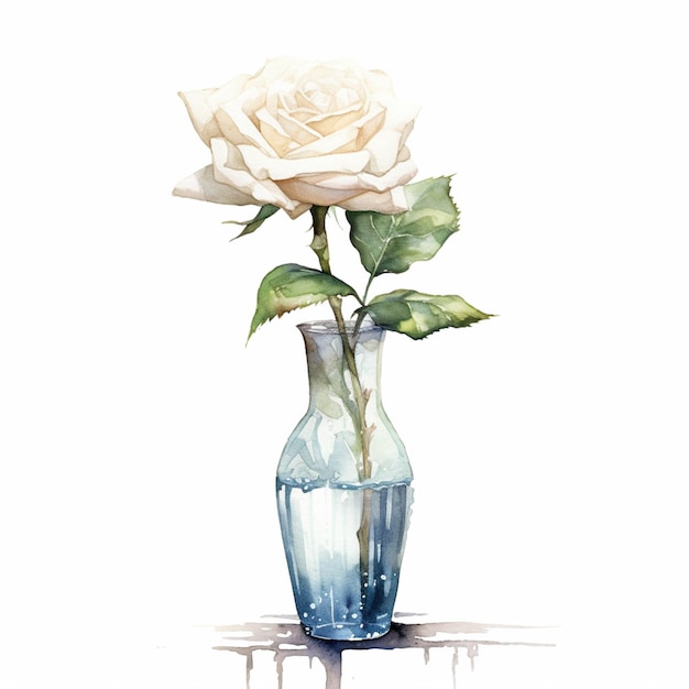 Hay una rosa blanca en un jarrón azul sobre una mesa generativa ai