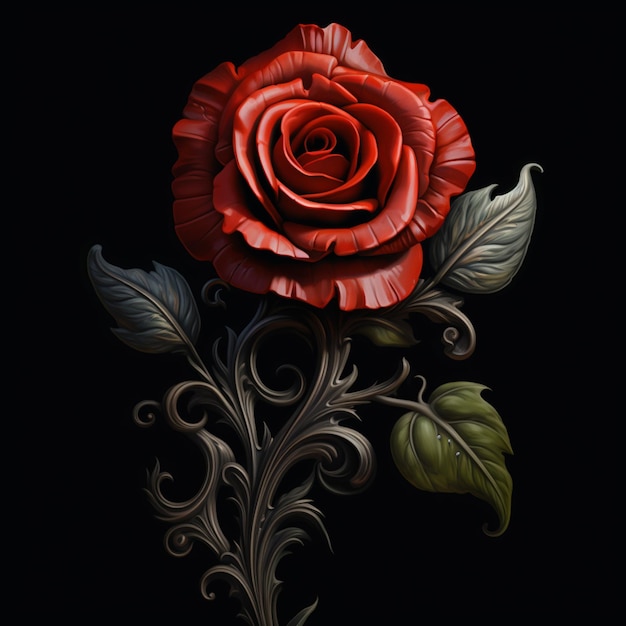 Foto hay una rosa roja con hojas verdes sobre un fondo negro ai generativo
