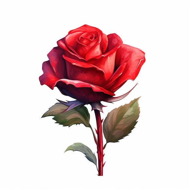 hay una rosa roja con hojas verdes en un tallo generativo ai