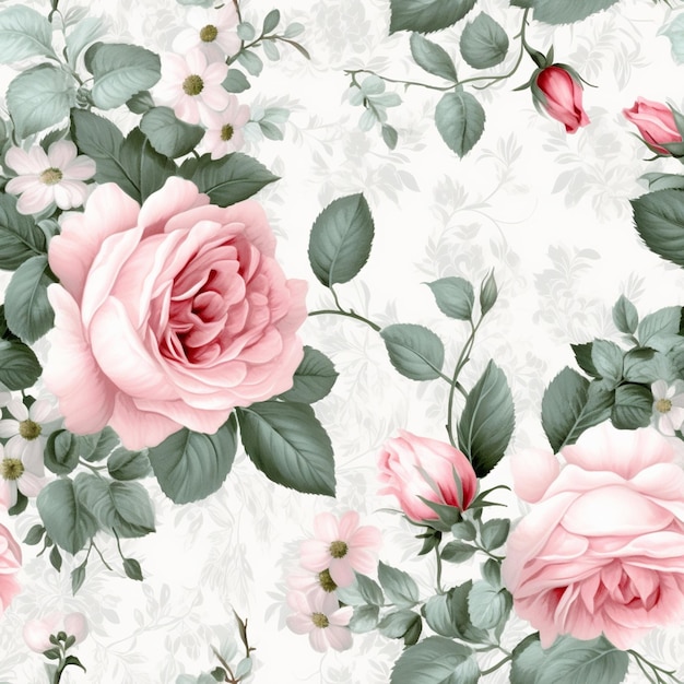 hay una rosa rosa en un fondo floral blanco generativo ai
