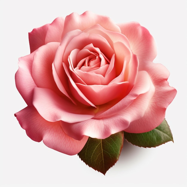 hay una rosa rosada con hojas verdes en un fondo blanco generativo ai