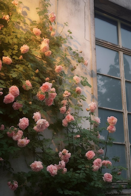 Hay un rosal con flores rosadas que crece junto a una ventana generativa ai