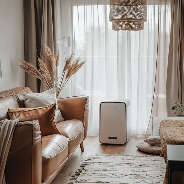 Hay una sala de estar con un sofá de cuero marrón y un purificador de aire blanco generativo ai