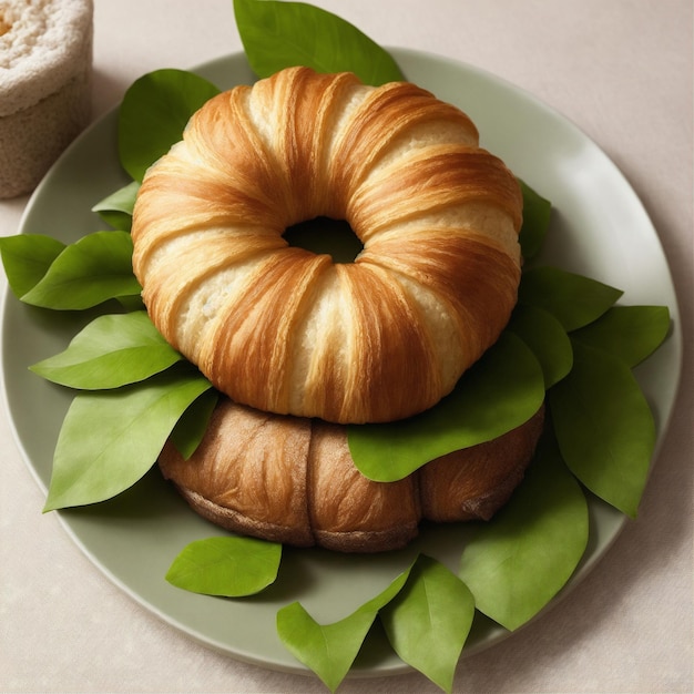 hay un sándwich de croissant en un plato con hojas