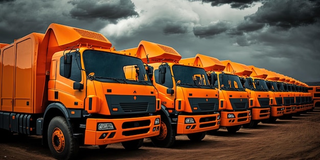 Hay una serie de camiones Kamaz naranjas en el estacionamiento de camiones