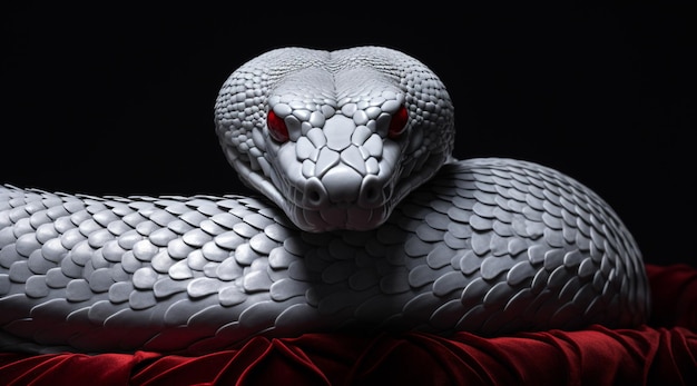 hay una serpiente blanca con ojos rojos en un cojín rojo generativo ai