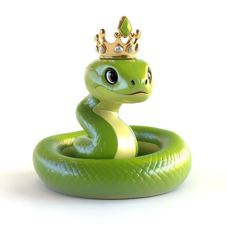 hay una serpiente verde con una corona en la cabeza