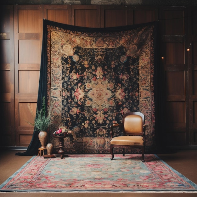 Hay una silla y una alfombra en una habitación generativa ai.