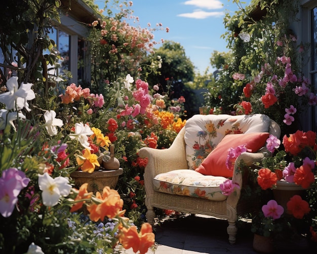 hay una silla y una silla con almohadas en un jardín ai generativo