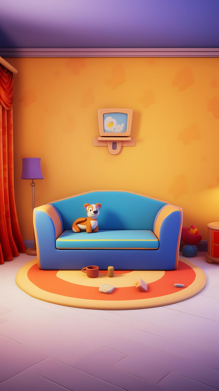 hay un sofá azul en una habitación con una pared amarilla