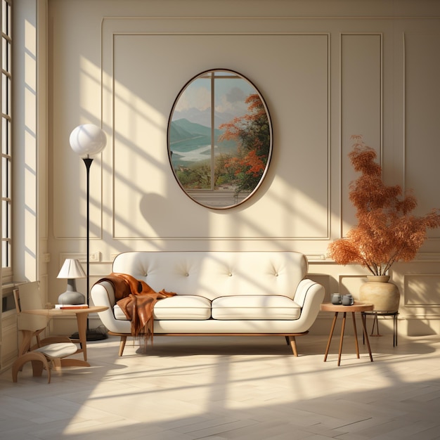 hay un sofá blanco en una sala de estar con una pintura en la pared ai generativo