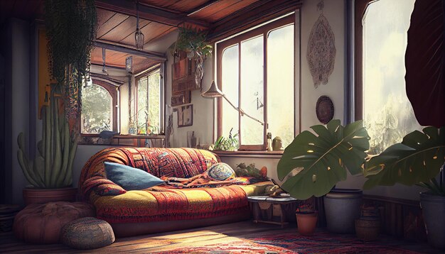 Hay un sofá en una habitación con muchas plantas generativas ai