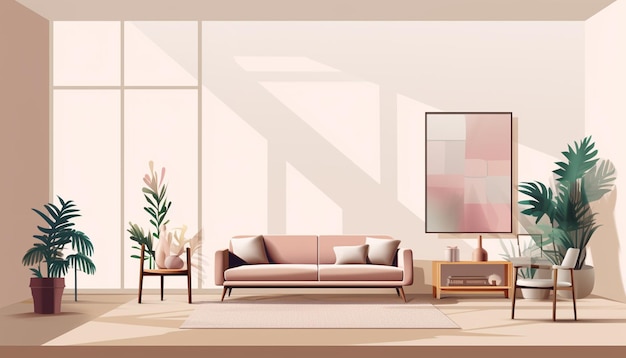 Hay un sofá y una mesa en una habitación con un gran ventanal generativo.