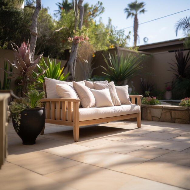 Foto hay un sofá que está sentado en un patio con plantas generativas ai