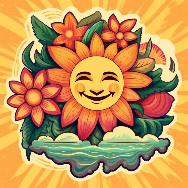 Hay un sol de dibujos animados con una cara y flores en él ai generativo.