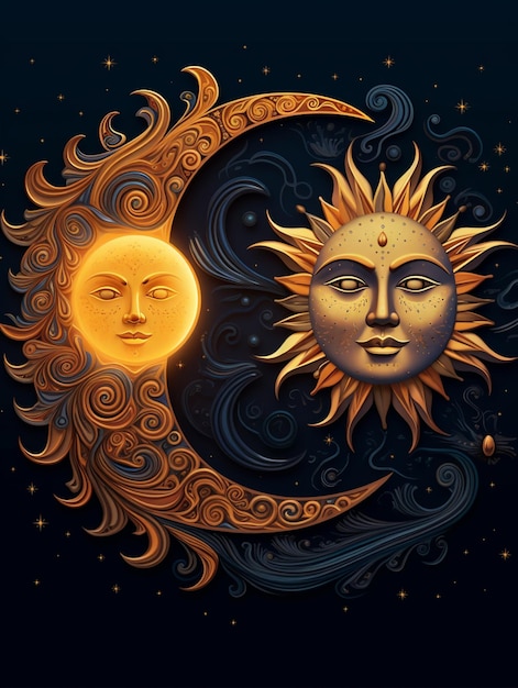 hay un sol y una luna con caras en un fondo oscuro generativo ai