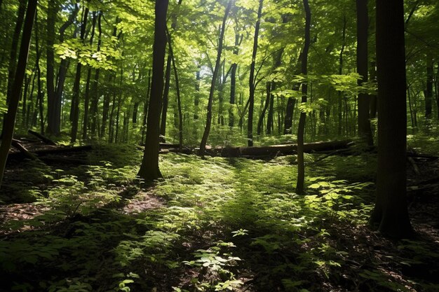 Hay un sol que brilla a través de los árboles en el bosque generativo ai