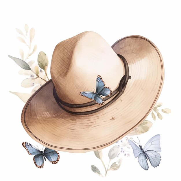 Hay un sombrero con una mariposa y una mariposa en el sombrero generativo ai