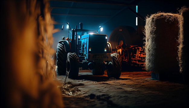 Hay Storage and the Tractor Farming and Agriculture Theme Heavy Duty Tractor Night neón brillante Granja fondo de pantalla