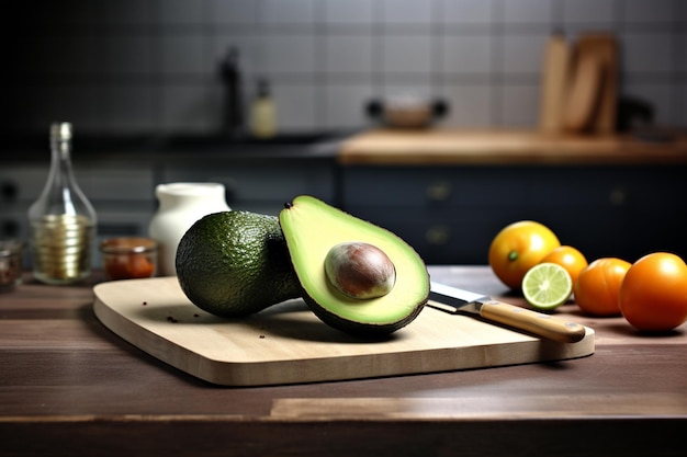 hay una tabla de cortar con un aguacate y un cuchillo en ella