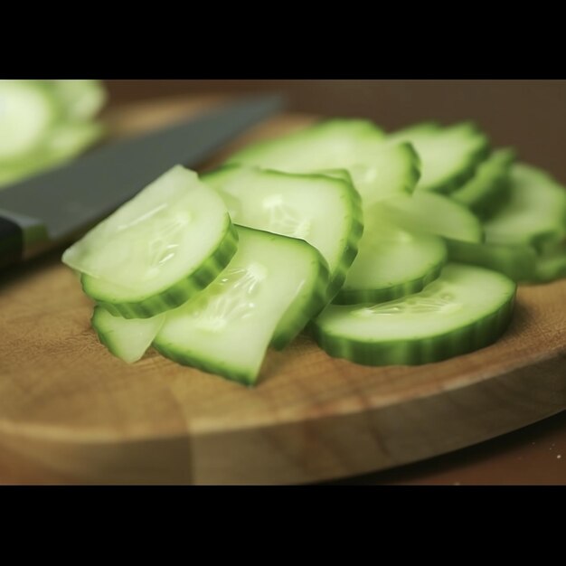 Hay una tabla de cortar con pepinos en ella y un cuchillo generativo ai