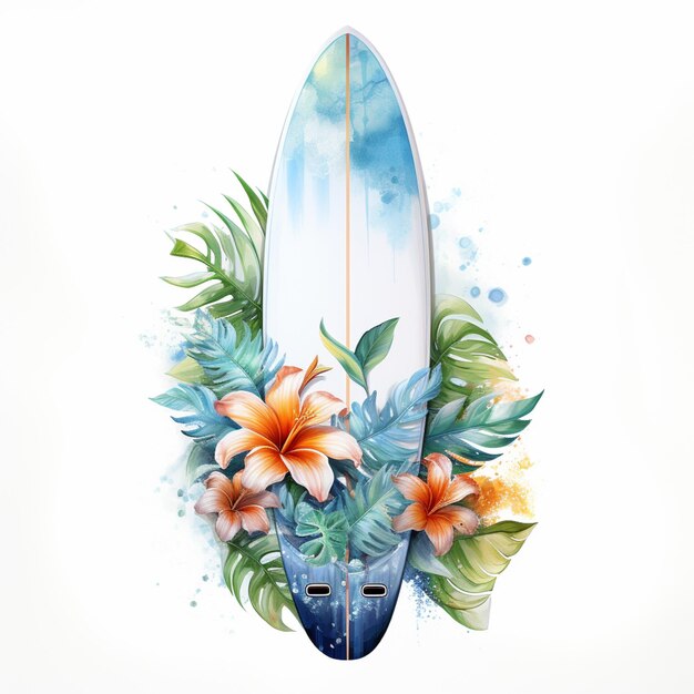 Foto hay una tabla de surf con flores y hojas en ella.