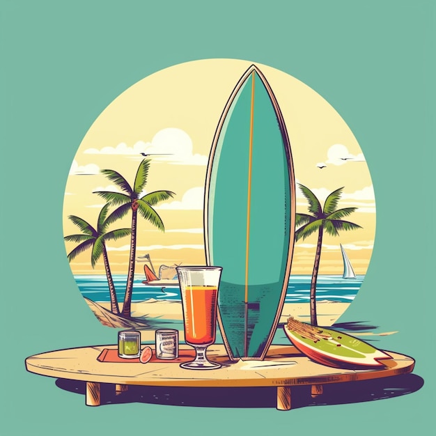 Foto hay una tabla de surf y un vaso de cerveza en una mesa generativa ai
