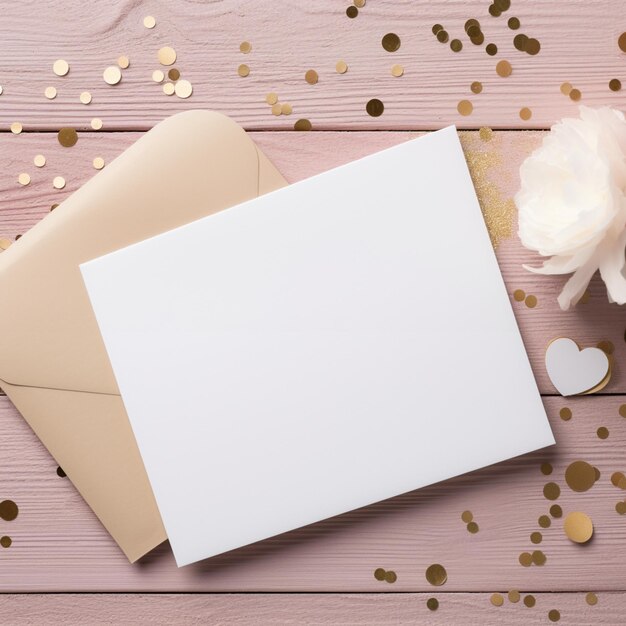 Foto hay una tarjeta blanca y una flor blanca en una mesa rosa generativa ai