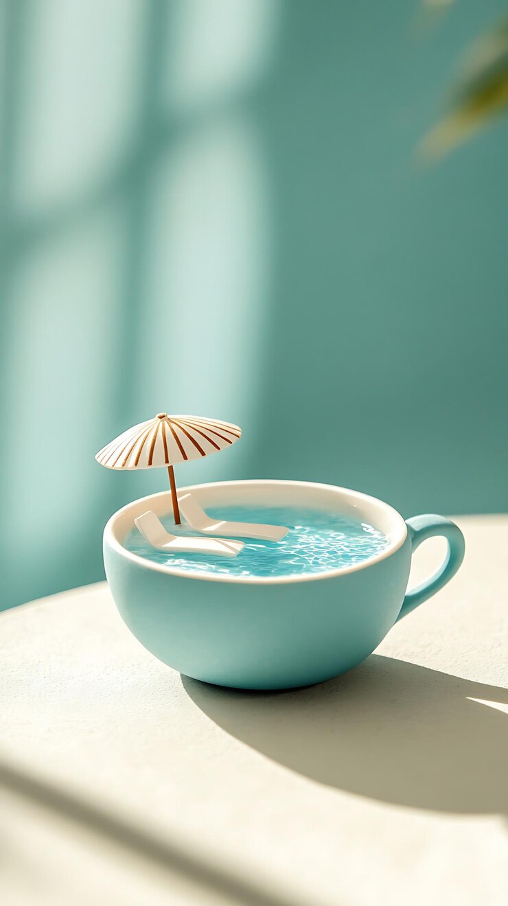 hay una taza de agua con un paraguas en la parte superior