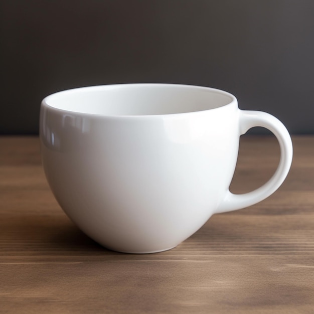 Hay una taza blanca sentada sobre una mesa de madera generativa ai